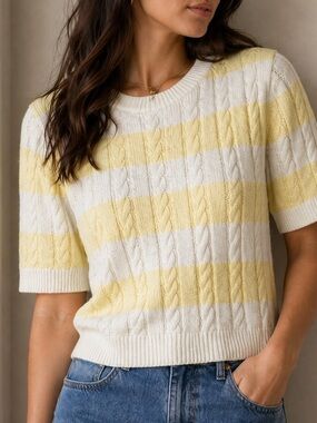Dunst Striped Cable Knit Short Sleeve Sweater Top Size S Soft Preppy‎ Coastal